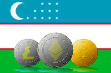 3 boyutlu illüstrasyon Litecoin Ethereum Bitcoin kripto para birimi ve arka planda Özbekistan bayrağı.