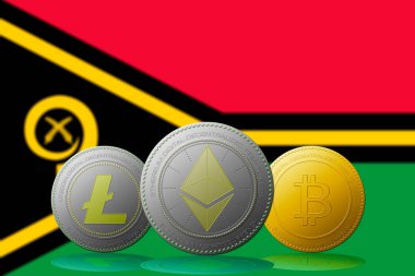 3 boyutlu illüstrasyon Litecoin Ethereum Bitcoin kripto para birimi ve arka planda Vanuatu bayrağı.