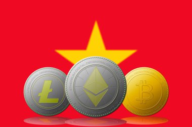 3 boyutlu illüstrasyon Litecoin Ethereum Bitcoin kripto para birimi ve arkasında Vietnam bayrağı.