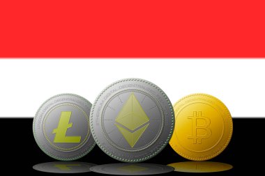 3 boyutlu illüstrasyon Litecoin Ethereum Bitcoin kripto para birimi ve arka planda Yemen bayrağı.