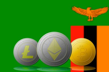 3 boyutlu illüstrasyon Litecoin Ethereum Bitcoin kripto para birimi ve arka planda Zambiya bayrağı.