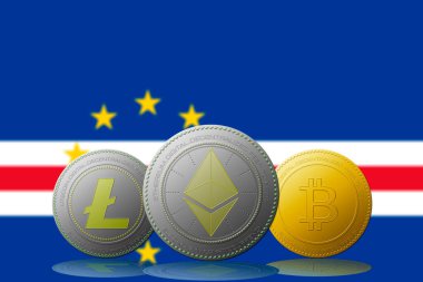 3 boyutlu illüstrasyon Litecoin Ethereum Bitcoin kripto para birimi ve arka planda Cape Verde bayrağı.