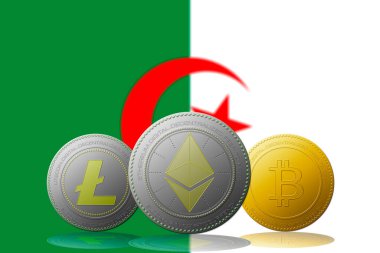 3D illüstrasyon Üç kripto para birimi Bitcoin Ethereum ve Litecoin arka planda ALGERIA bayrağı.
