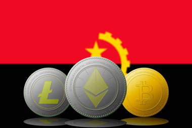 3 boyutlu illüstrasyon 3 kripto para birimi Bitcoin Ethereum ve Litecoin arkaplanda Angola bayrağı.