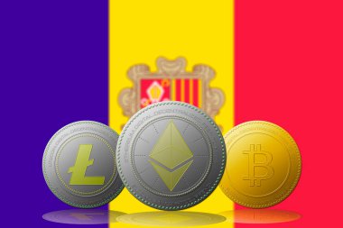 3 boyutlu illüstrasyon 3 kripto para birimi Bitcoin Ethereum ve Litecoin arka planda ANDORRA bayrağı.