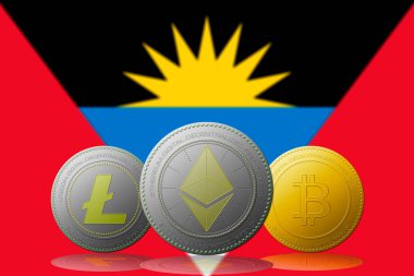 3 boyutlu illüstrasyon 3 kripto para birimi Bitcoin Ethereum ve Litecoin arka planda Antigua ve Barbuda bayrağı