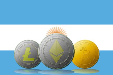 3 boyutlu illüstrasyon, 3 kripto para birimi Bitcoin Ethereum ve Litecoin arka planda ARGENTINA bayrağı
