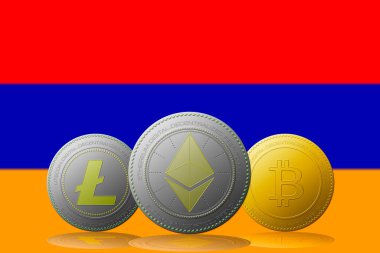 3 boyutlu illüstrasyon 3 kripto para birimi Bitcoin Ethereum ve Litecoin Arkaplanda Ermenistan bayrağı