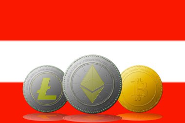 3 boyutlu illüstrasyon. 3 kripto para birimi Bitcoin Ethereum ve Litecoin. Arka planda Avusturya bayrağı.