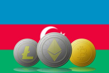3 boyutlu illüstrasyon 3 kripto para birimi Bitcoin Ethereum ve Litecoin arka planda Azerbaycan bayrağı