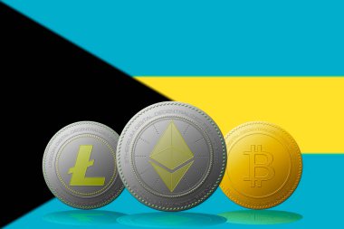 3 boyutlu illüstrasyon 3 kripto para birimi Bitcoin Ethereum ve Litecoin arka planda Bahama bayrağı.