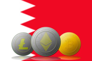 3 boyutlu illüstrasyon 3 kripto para birimi Bitcoin Ethereum ve Litecoin arka planda Bahama bayrağı.