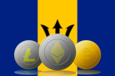 3 boyutlu illüstrasyon 3 kripto para birimi Bitcoin Ethereum ve Litecoin arka planda Barbados bayrağı.