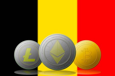 3 boyutlu illüstrasyon 3 kripto para birimi Bitcoin Ethereum ve Litecoin arka planda Belçika bayrağı.