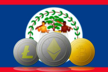 3 boyutlu illüstrasyon 3 kripto para birimi Bitcoin Ethereum ve arka planda Belice bayrağı olan Litecoin.