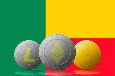 3 boyutlu illüstrasyon 3 kripto para birimi Bitcoin Ethereum ve arka planda Belice bayrağı olan Litecoin.