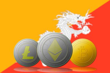 3 boyutlu illüstrasyon 3 kripto para birimi Bitcoin Ethereum ve Litecoin arka planda Butan bayrağı.