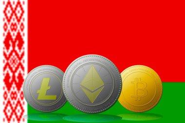 3 boyutlu illüstrasyon 3 kripto para birimi Bitcoin Ethereum ve Litecoin arkaplanda Belarus bayrağı.