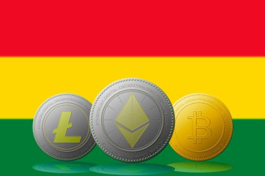 3 boyutlu illüstrasyon 3 kripto para birimi Bitcoin Ethereum ve Litecoin arkaplanda Bolivya bayrağı.