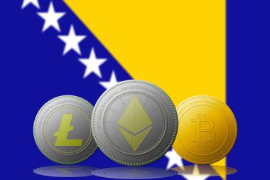 3 boyutlu illüstrasyon. Arka planda Bosna-Hersek bayrağı bulunan 3 kripto para birimi Bitcoin Ethereum ve Litecoin.