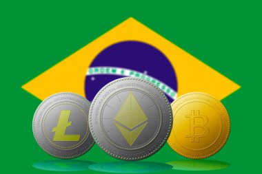 3 boyutlu illüstrasyon Litecoin Ethereum Bitcoin kripto para birimi ve arka planda BRASIL bayrağı.