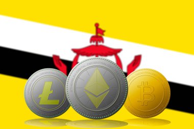 3 boyutlu illüstrasyon Litecoin Ethereum Bitcoin kripto para birimi Brunei bayrağı arka planda.