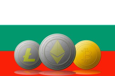 3D illüstrasyon. Arka planda Bulgaristan bayrağı bulunan üç kripto para birimi Bitcoin Ethereum ve Litecoin..