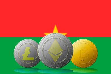 3 boyutlu illüstrasyon 3 kripto para birimi Bitcoin Ethereum ve Litecoin arka planda Burkina Faso bayrağı.