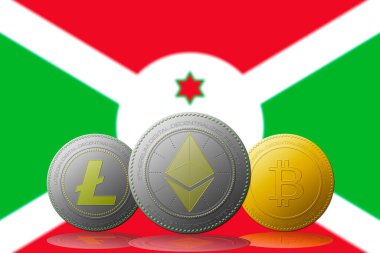 3 boyutlu illüstrasyon 3 kripto para birimi Bitcoin Ethereum ve Litecoin arkaplanda Burundi bayrağı.