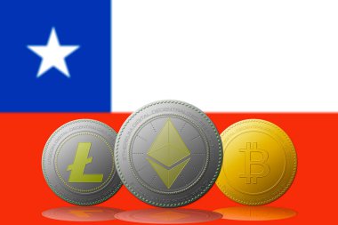 3 boyutlu illüstrasyon 3 kripto para birimi Bitcoin Ethereum ve Litecoin arka planda Şili bayrağı.