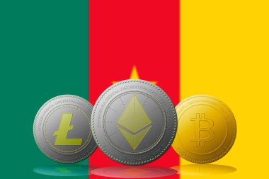 3 boyutlu illüstrasyon 3 kripto para birimi Bitcoin Ethereum ve Litecoin arkaplanda Kamerun bayrağı.
