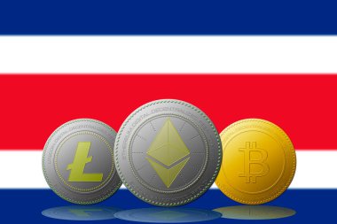 3 boyutlu illüstrasyon 3 kripto para birimi Bitcoin Ethereum ve Litecoin ve Kosta Rika bayrağı arka planda.