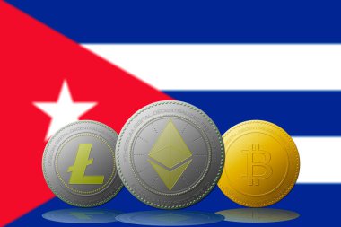 3 boyutlu illüstrasyon 3 kripto para birimi Bitcoin Ethereum ve Litecoin arka planda Küba bayrağı.