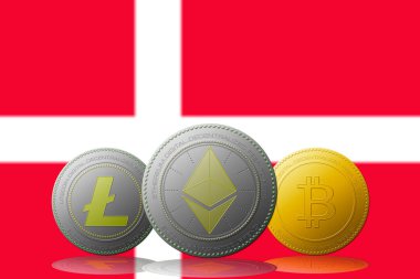 3 boyutlu illüstrasyon 3 kripto para birimi Bitcoin Ethereum ve Litecoin arka planda Danimarka bayrağı.