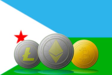 3 boyutlu illüstrasyon 3 kripto para birimi Bitcoin Ethereum ve Litecoin, arkasında Cibuti bayrağı olan.