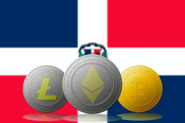 3 boyutlu illüstrasyon 3 kripto para birimi Bitcoin Ethereum ve Litecoin ve Dominik Cumhuriyeti bayrağı arka planda.