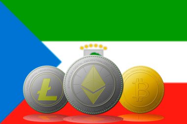 3 boyutlu illüstrasyon 3 kripto para birimi Bitcoin Ethereum ve Litecoin arka planda Ekvator Ginesi bayrağı.