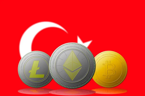 3 boyutlu illüstrasyon Litecoin Ethereum Bitcoin kripto para birimi ve arka planda Türkiye bayrağı.