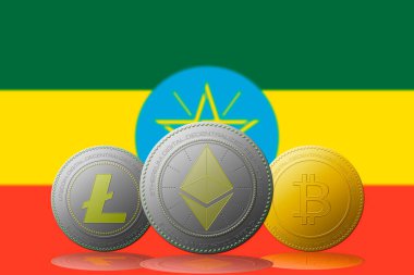 3 boyutlu illüstrasyon 3 kripto para birimi Bitcoin Ethereum ve Litecoin arka planda Etiyopya bayrağı.
