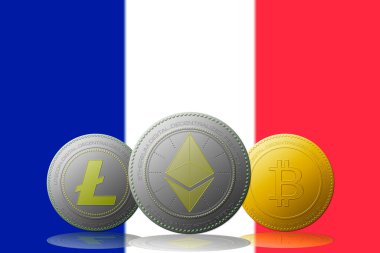 3 boyutlu illüstrasyon 3 kripto para birimi Bitcoin Ethereum ve Litecoin arka planda FRANCE bayrağı.