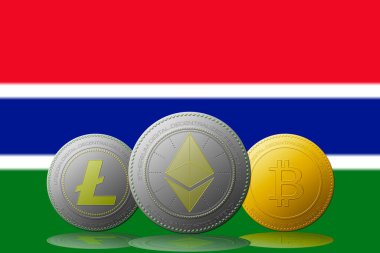 3 boyutlu illüstrasyon 3 kripto para birimi Bitcoin Ethereum ve arka planda Gambiya bayrağı olan Litecoin.