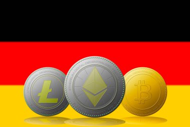 3 boyutlu illüstrasyon 3 kripto para birimi Bitcoin Ethereum ve Litecoin arka planda GERMANY bayrağı.
