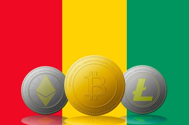 3 boyutlu illüstrasyon 3 kripto para birimi Bitcoin Ethereum ve Litecoin arka planda Gine bayrağı.