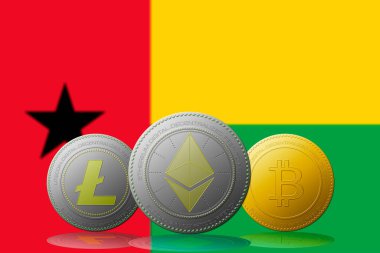 3 boyutlu illüstrasyon 3 kripto para birimi Bitcoin Ethereum ve Litecoin arka planda Gine Bissau bayrağı.