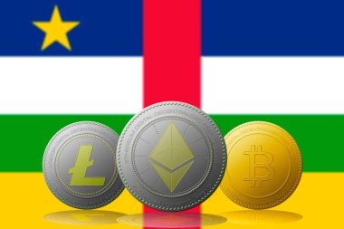 3 boyutlu illüstrasyon. 3 kripto para birimi Bitcoin Ethereum ve Litecoin. Arka planda Orta Afrika Cumhuriyeti bayrağı var..