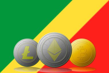 3 boyutlu illüstrasyon 3 kripto para birimi Bitcoin Ethereum ve Litecoin arka planda Kongo bayrağı.