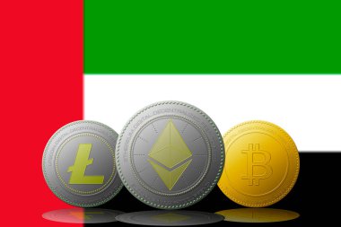 3 boyutlu illüstrasyon. 3 kripto para birimi Bitcoin Ethereum ve Litecoin. Arka planda Birleşik Arap Emirlikleri bayrağı..