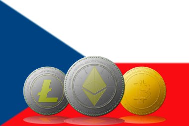 3 boyutlu illüstrasyon 3 kripto para birimi Bitcoin Ethereum ve Litecoin, arkasında Çek Cumhuriyeti bayrağı.