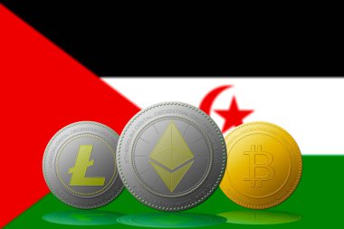 3 boyutlu illüstrasyon 3 kripto para birimi Bitcoin Ethereum ve Litecoin arka planda Batılı Sahra bayrağı.