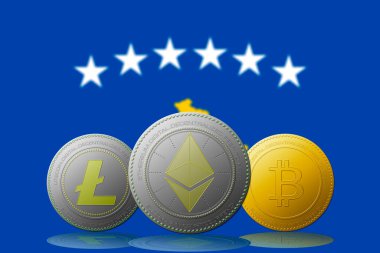 3D illüstrasyon Litecoin Ethereum Bitcoin kripto para birimi ve arka planda Kosova bayrağı.